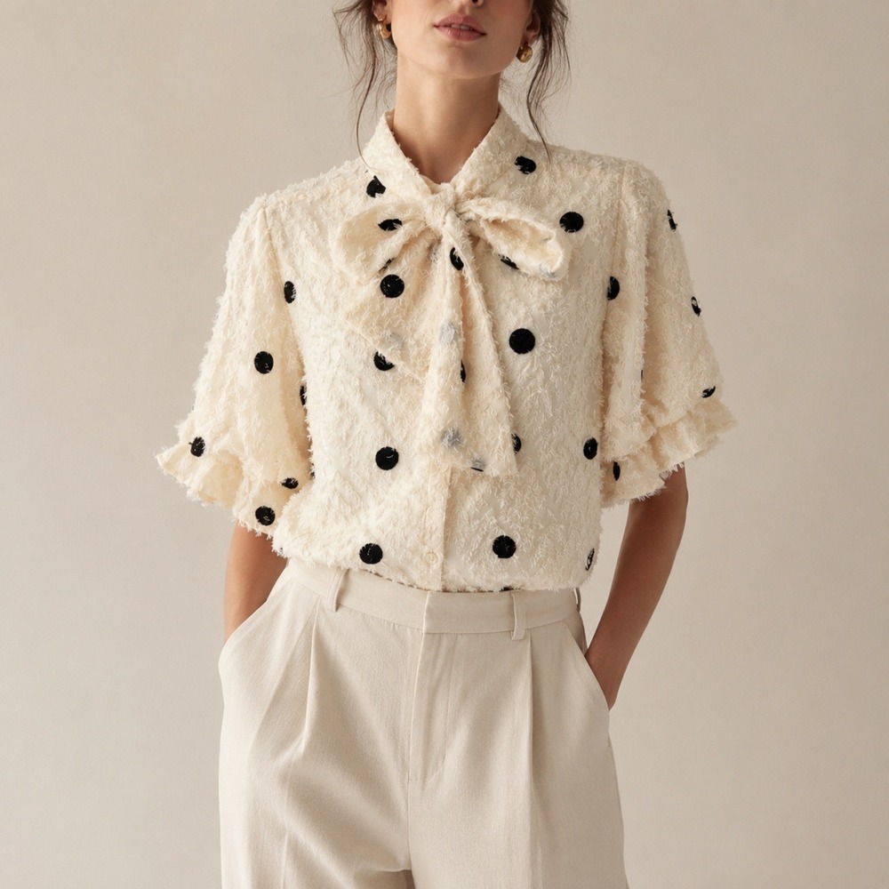 THML Cream Polka Dot Bow Neck Blouse with Black Dots